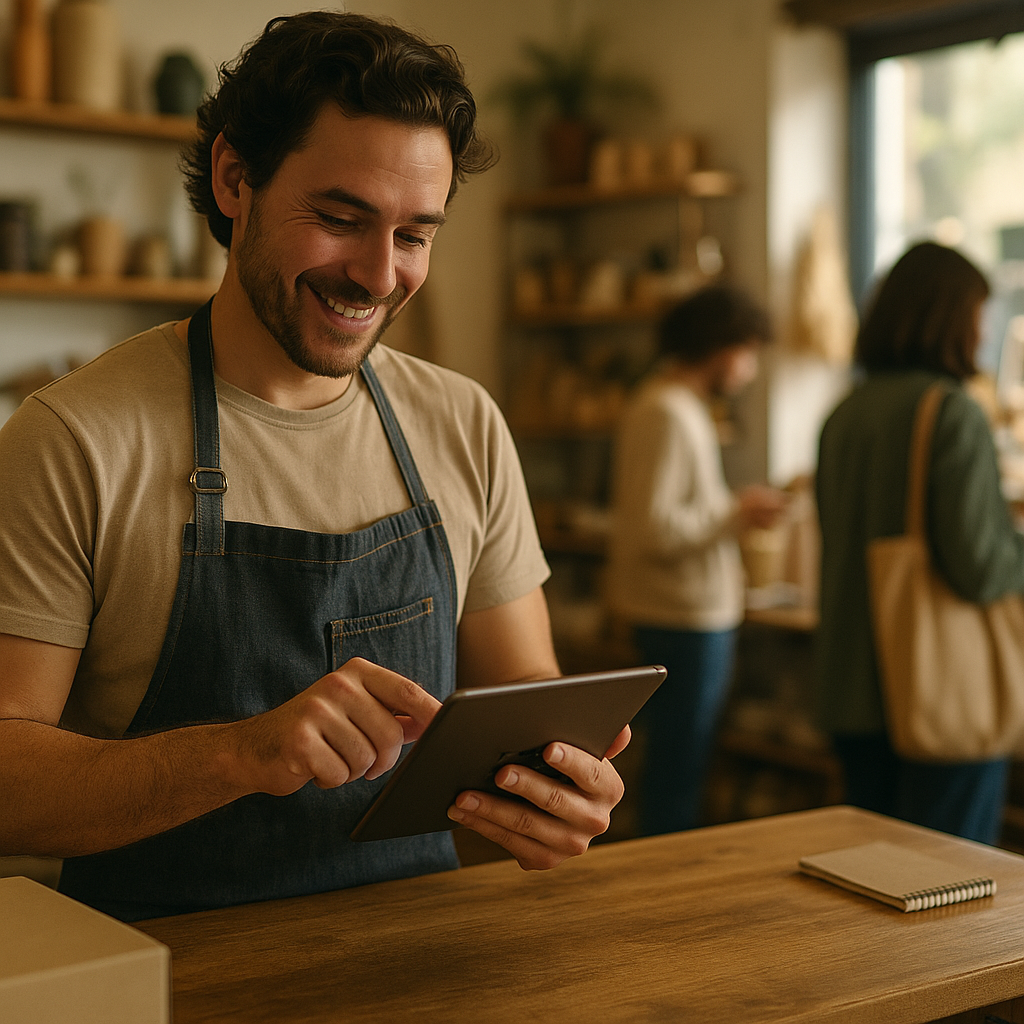 Independent shop owner managing customer rewards through digital loyalty cards