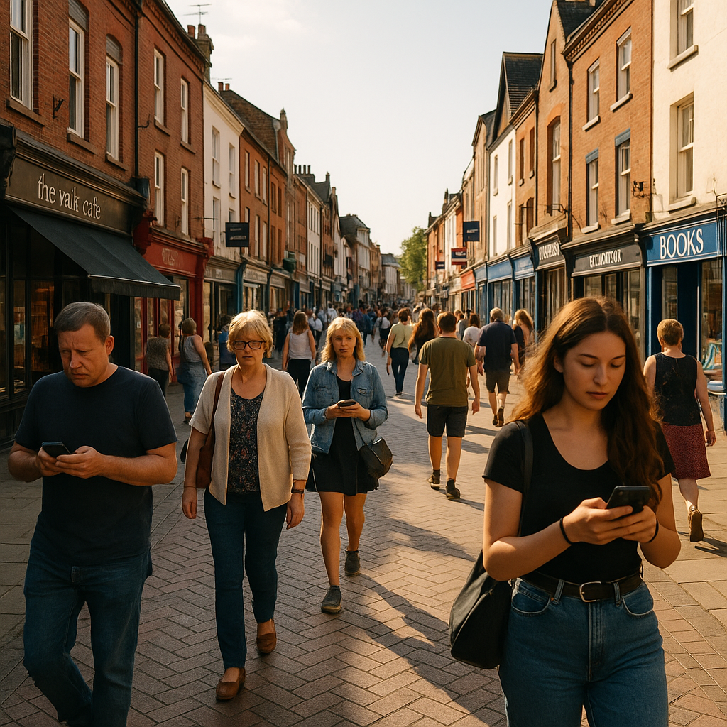 UK town centre shoppers using phones linked to digital loyalty cards while visiting independent stores