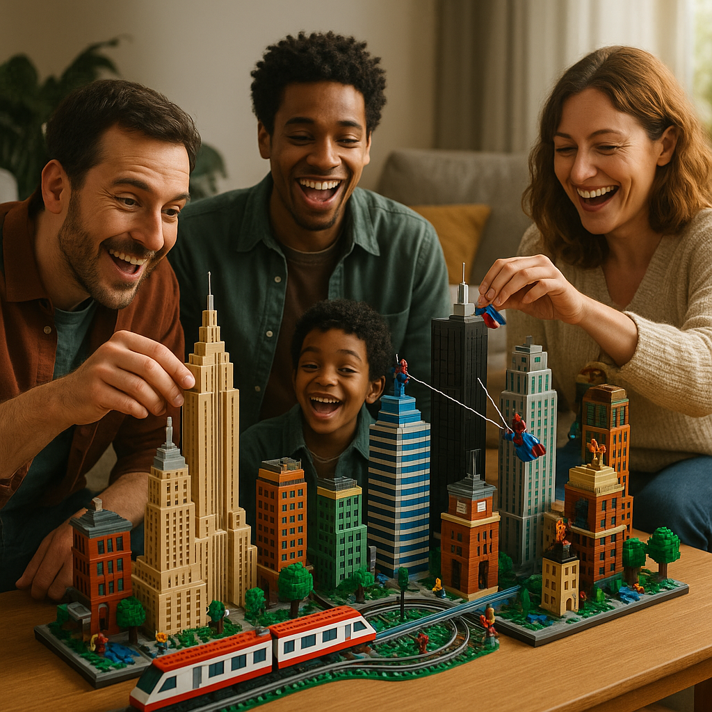 Friends gathered around a detailed toy metropolis, enjoying the adult brick building trend together.