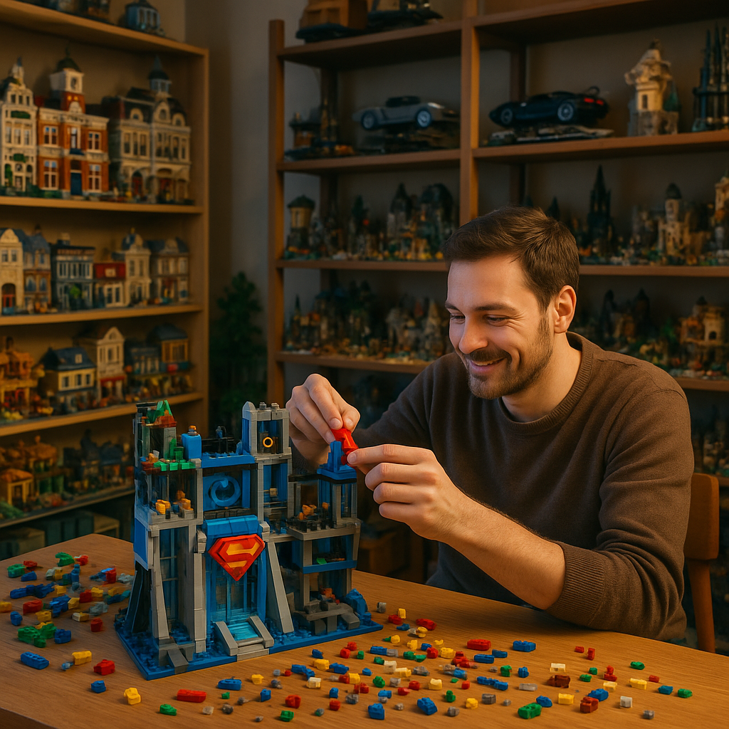 Hobbyist expanding a superhero hideout in a room devoted to the adult brick building trend.