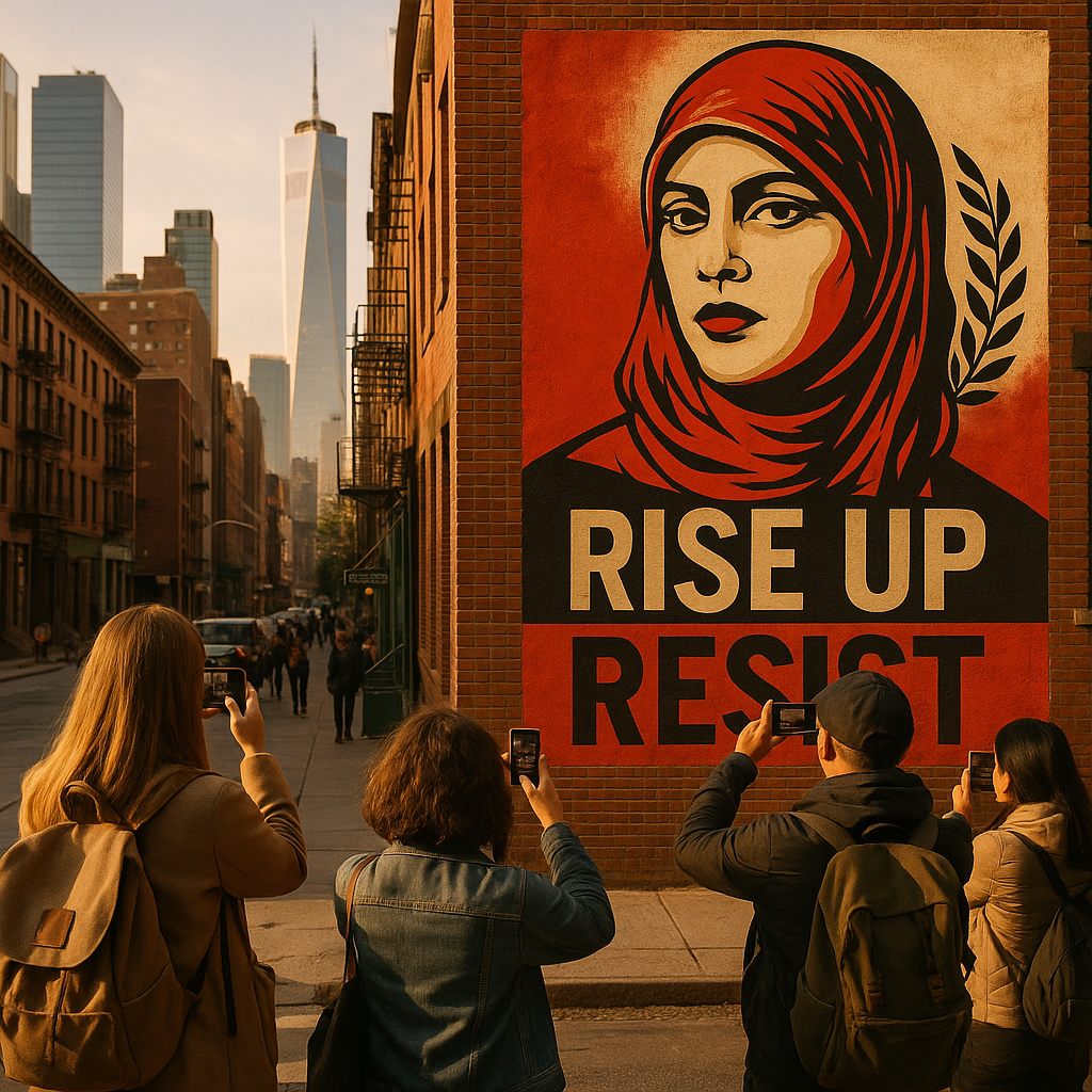 People photographing a large mural featuring political street art on a city building