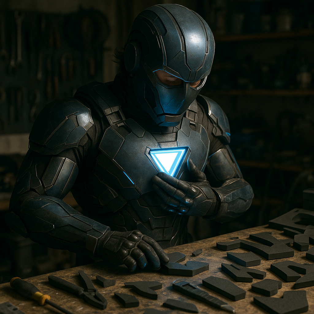 Maker building cosplay tech suits at a cluttered workbench with glowing chest emblem