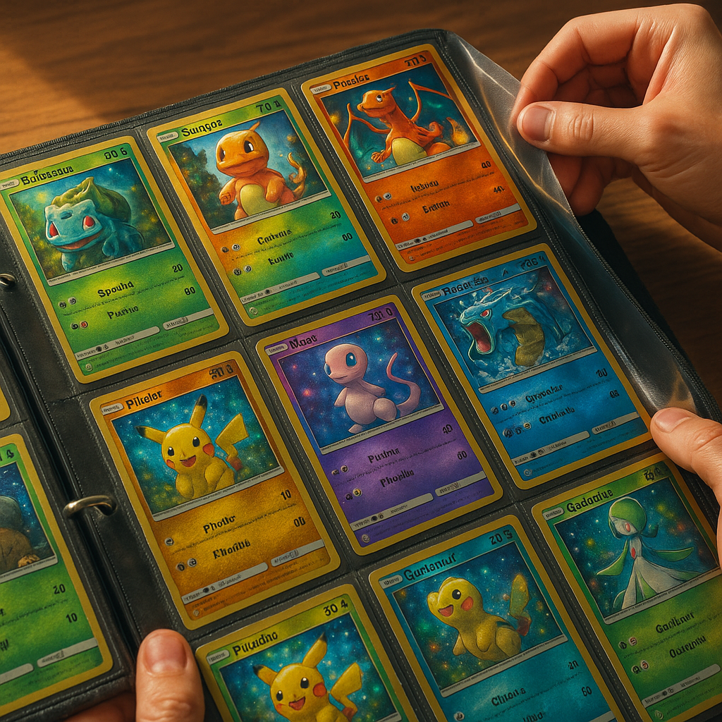Binder of protected shiny cards showing careful Pokémon card collecting storage