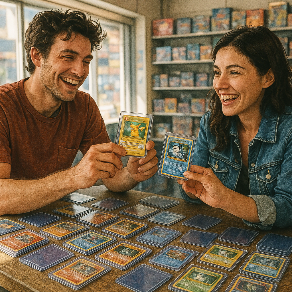 Happy traders swapping cards safely as part of Pokémon card collecting <a href=