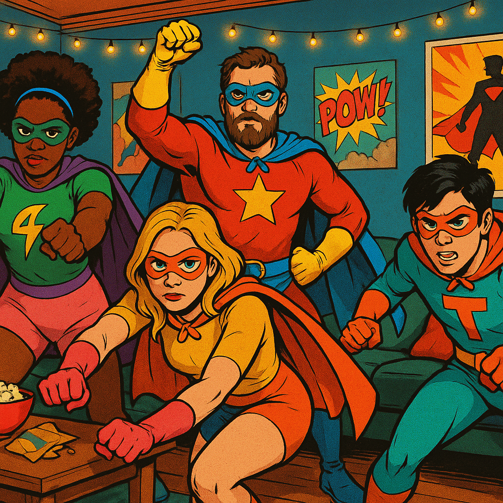 Friends in costumes gather to build your own superhero team in a comic book style living room lair
