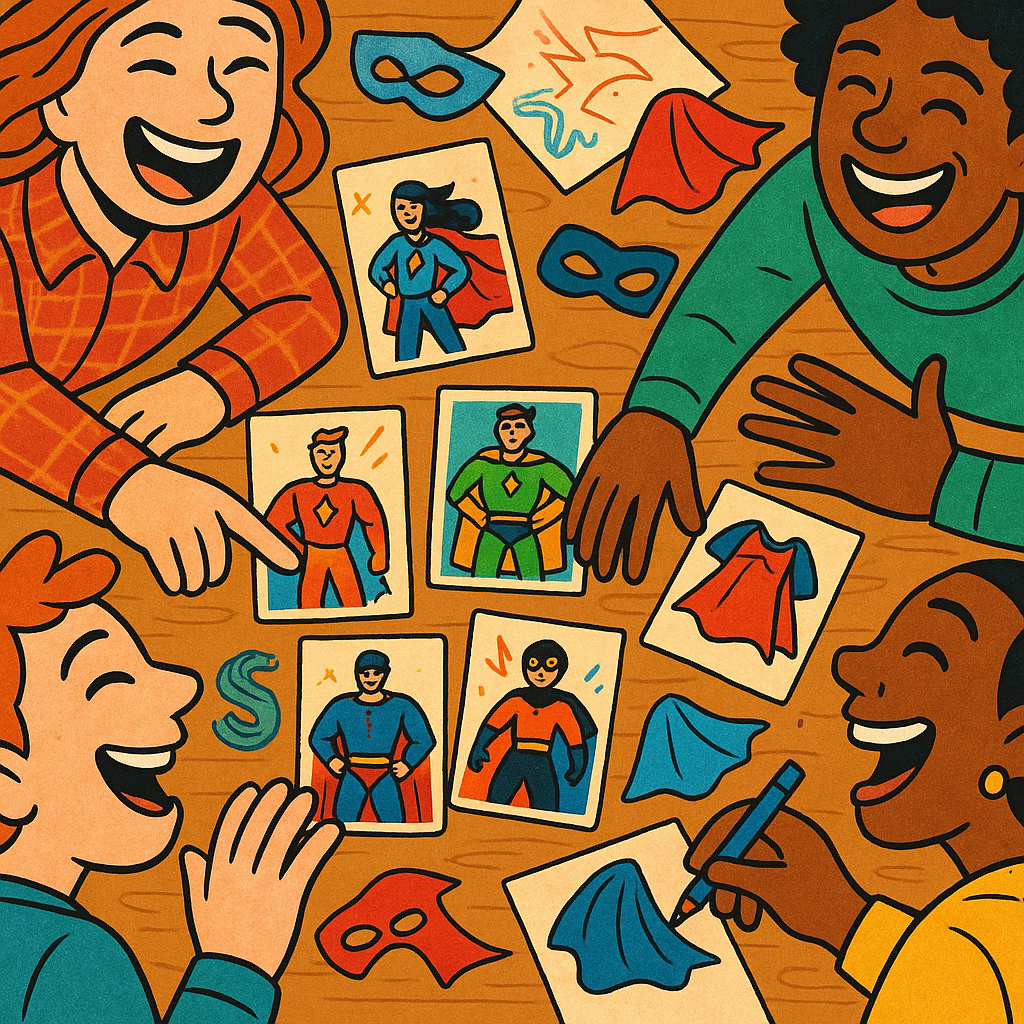 Friends designing characters and powers to build your own superhero team with comic book style cards
