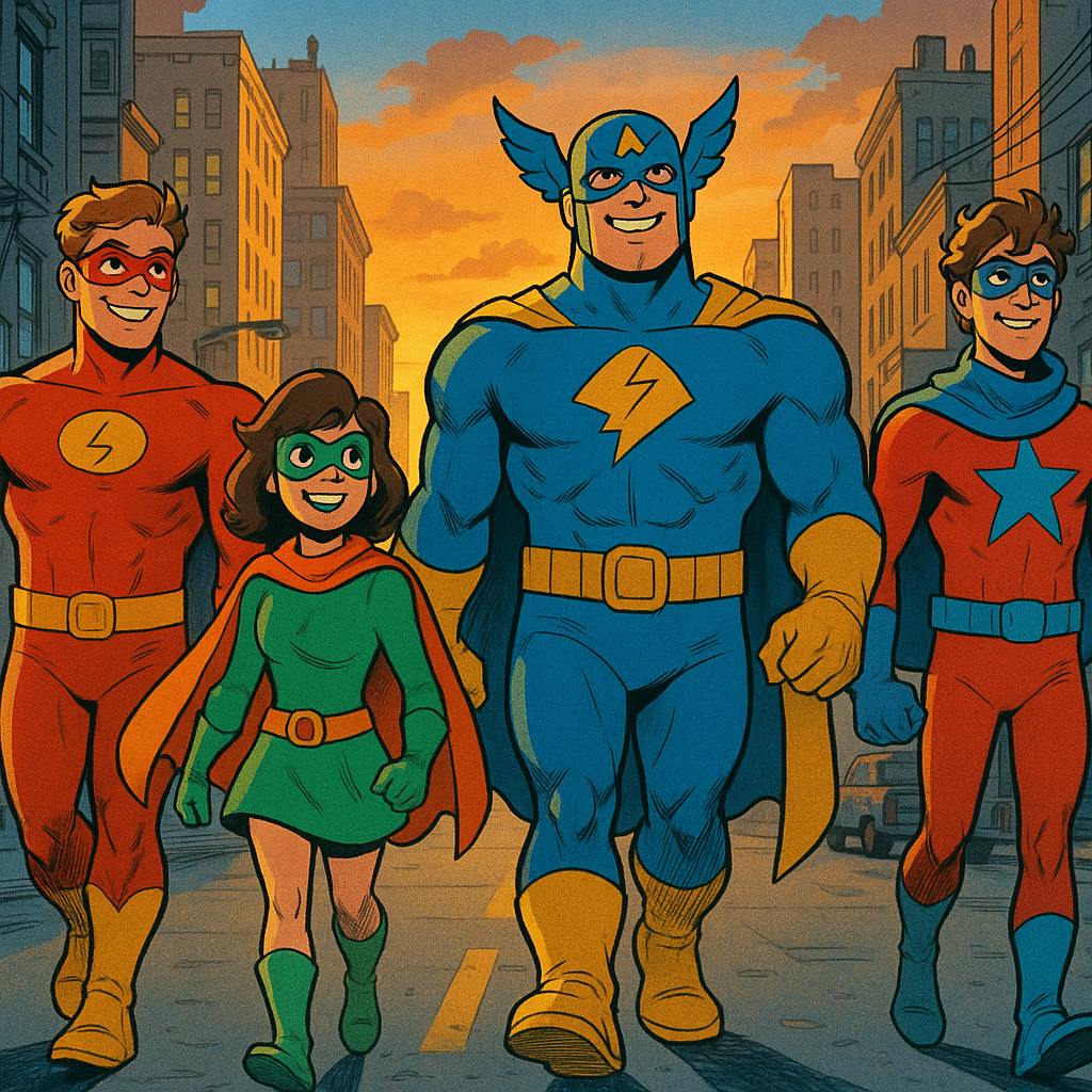Colourful squad walking through the city as they build your own superhero team for everyday missions