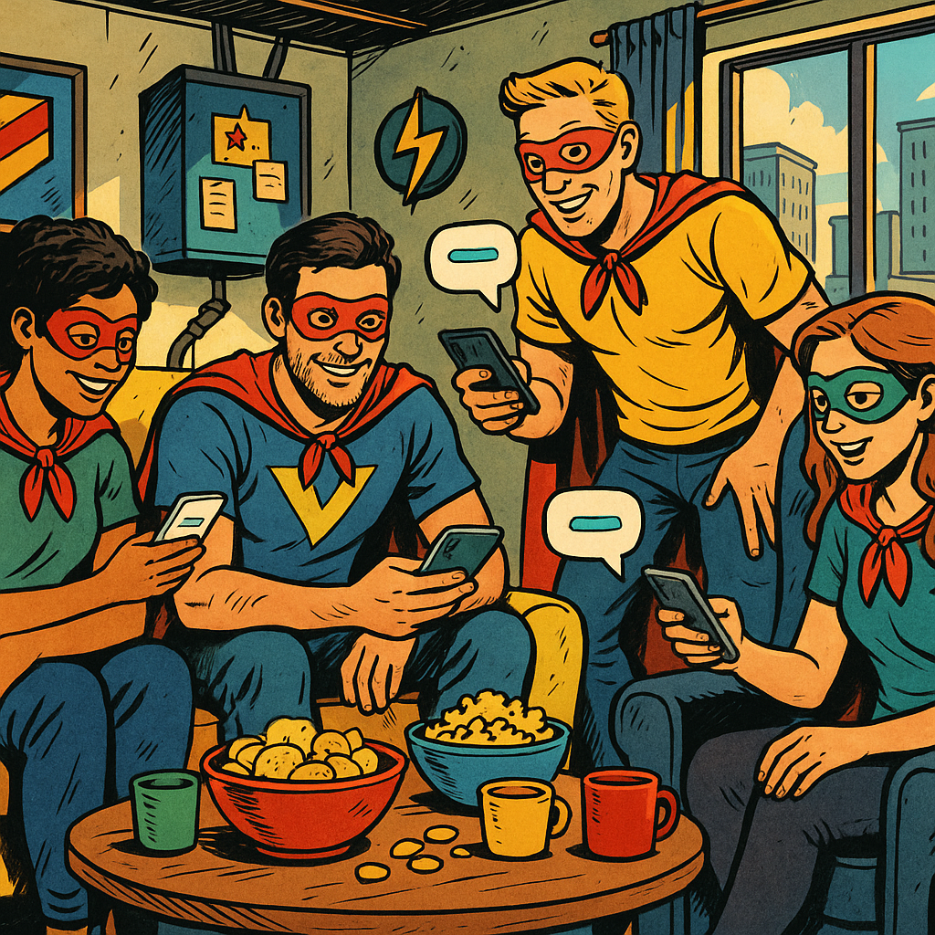 Cosy superhero HQ living room where friends coordinate plans through a superhero team chat