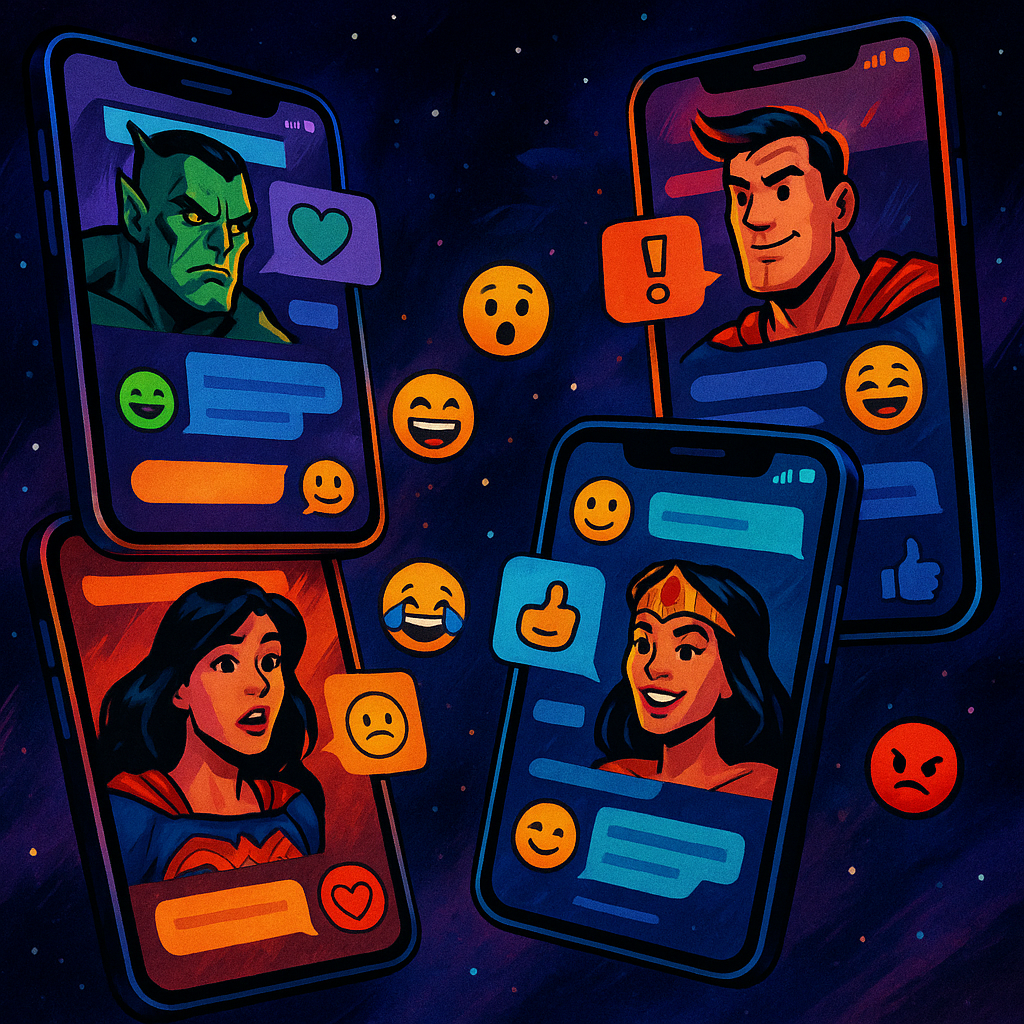 Floating comic panels of phones showing a lively superhero team chat