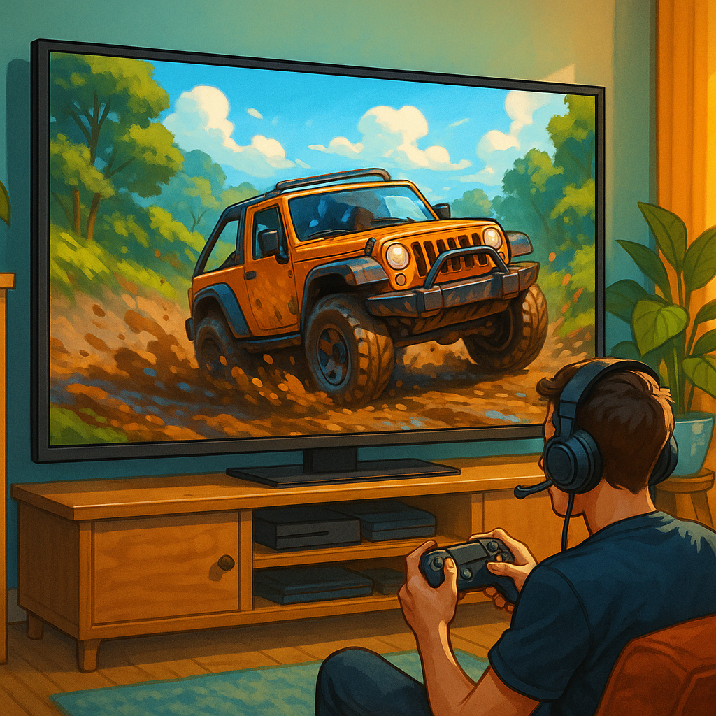 Gamer steering a digital 4x4 through muddy off-road 4x4 adventures on a big screen