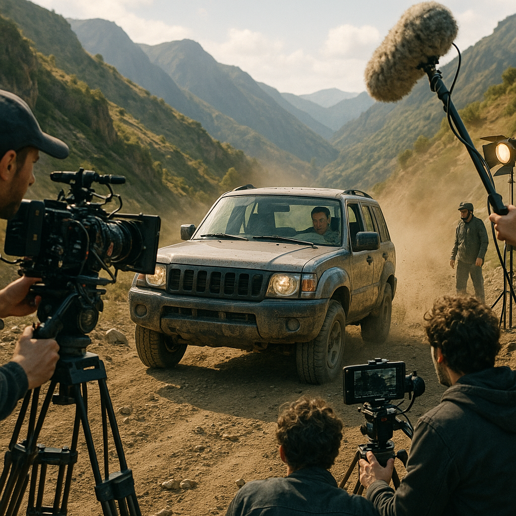 Film crew capturing off-road 4x4 adventures with a stunt truck on a mountain road