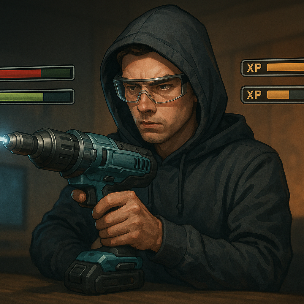 Gamer hero holding futuristic video game power tools with floating HUD icons