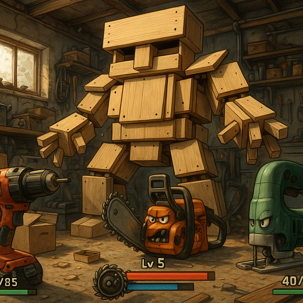 Comic boss battle scene with flat pack furniture and animated video game power tools