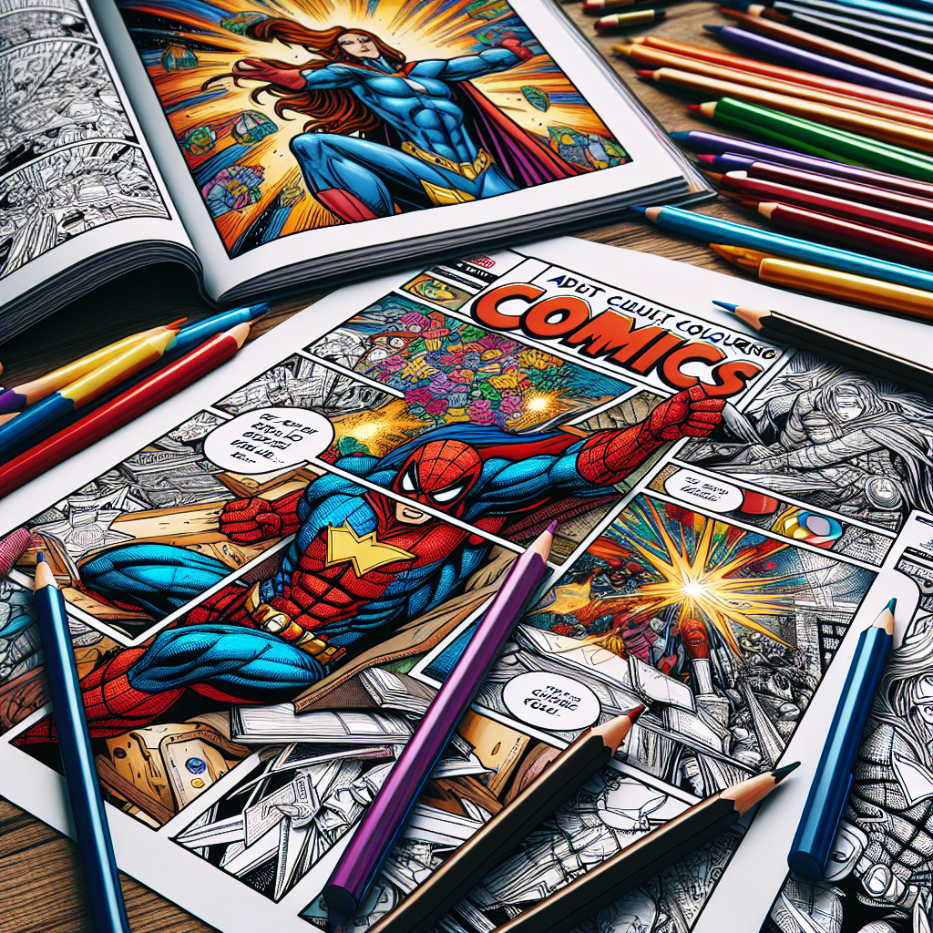 Table filled with pens, adult colouring books vs reading comics pages side by side in bold colours