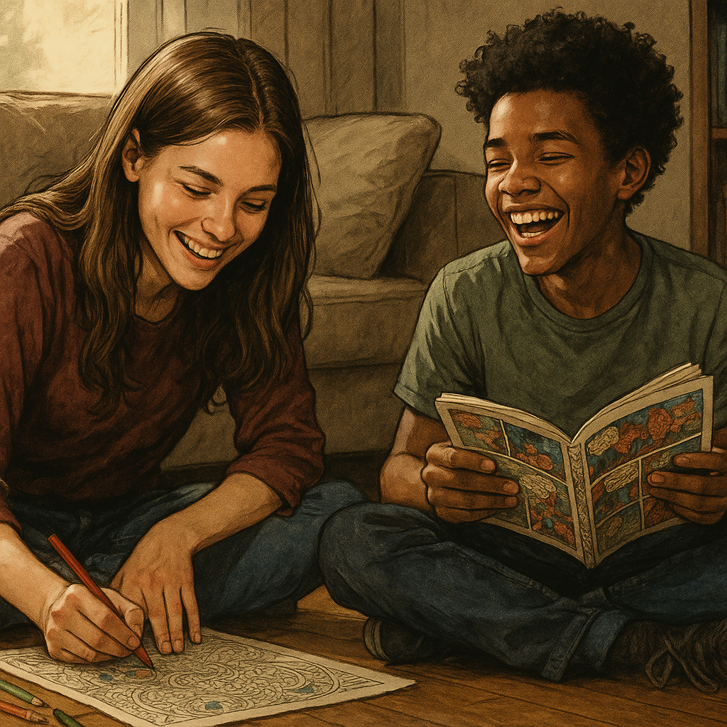 Friends hanging out and comparing adult colouring books vs reading comics for relaxation