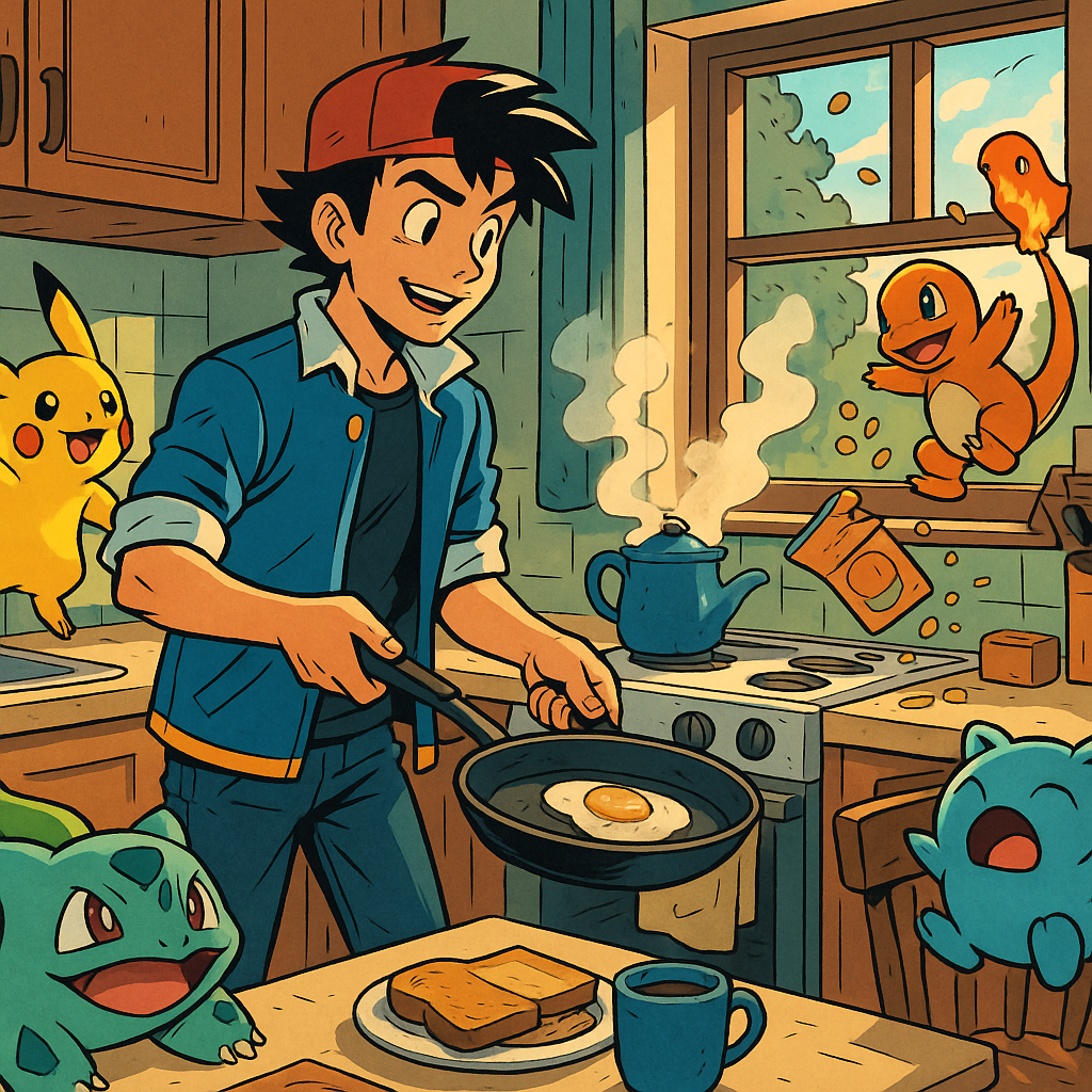 Pokémon trainer making breakfast with playful Pokémon reflecting chill slice of life superhero and Pokémon stories