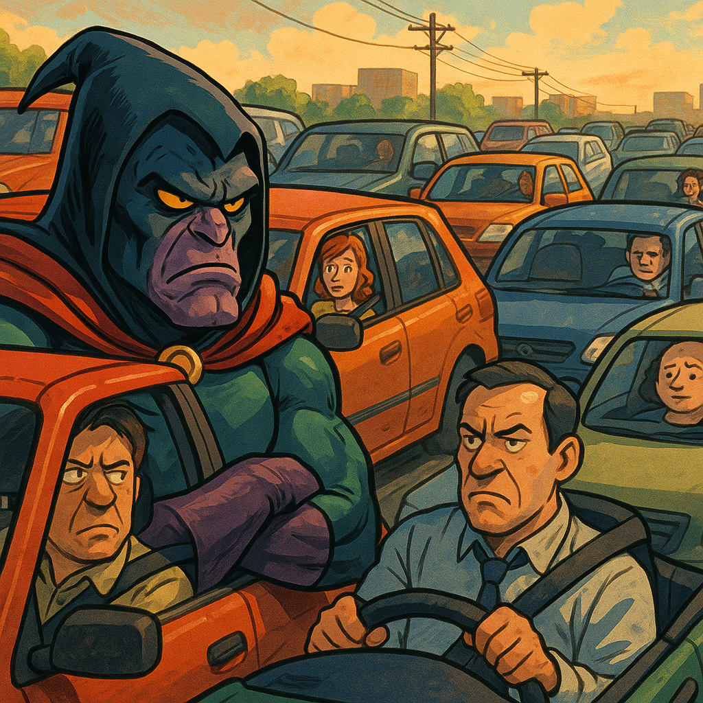 Villain stuck in traffic in a funny scene inspired by chill slice of life superhero and Pokémon stories