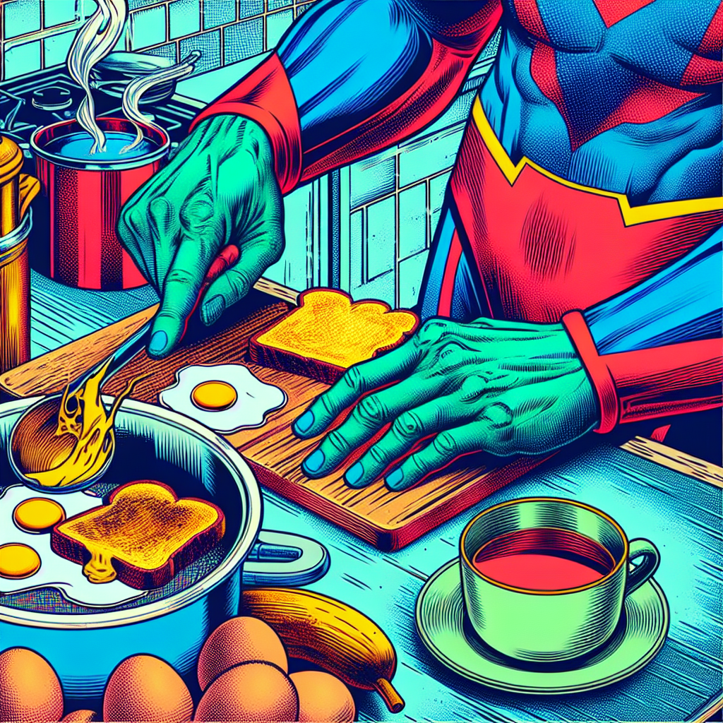 Comic book close-up of a superhero preparing a simple morning breakfast and tea