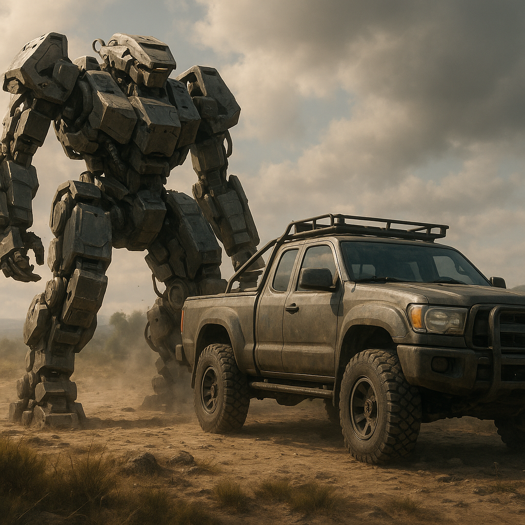 Futuristic mech and off-road truck in comic style emphasising their forged chassis strength