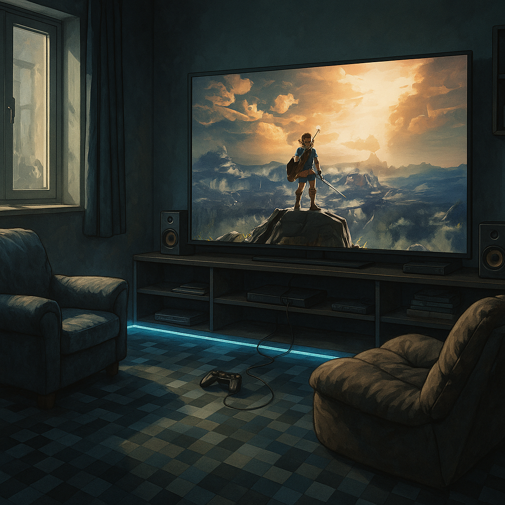 Colourful gaming room floor using superhero flooring ideas with pixel inspired tiles and neon lights