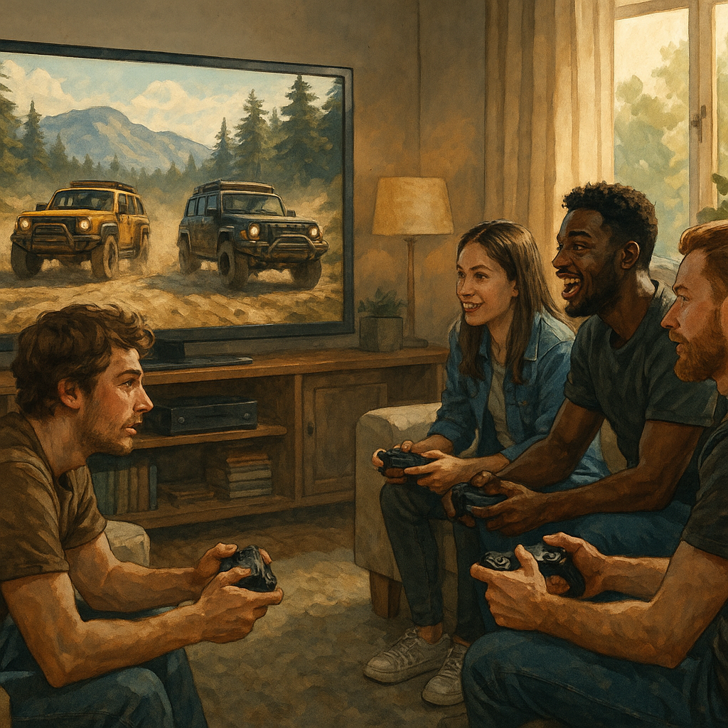Gamers laughing together while racing digital trucks inspired by 4x4 pop culture