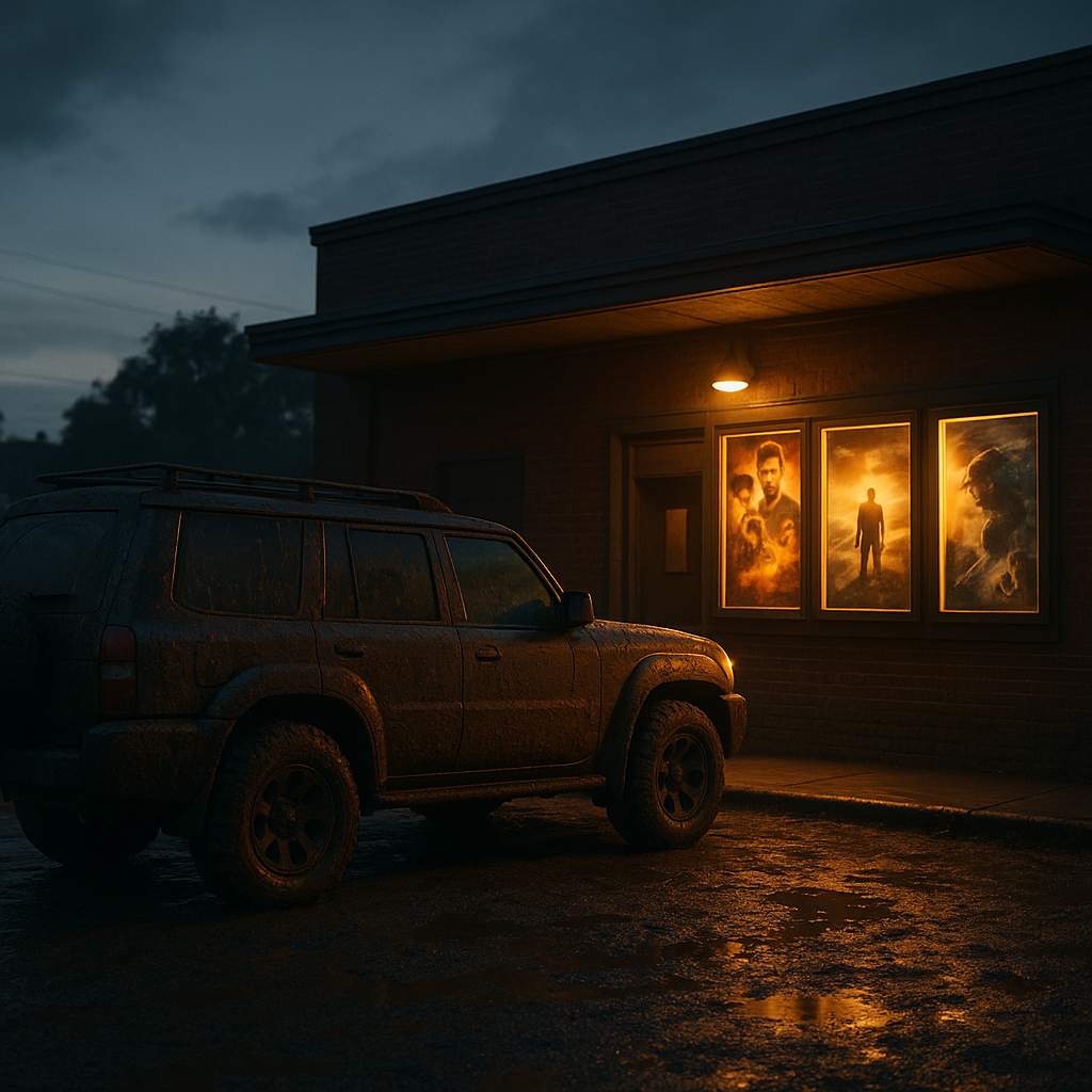 A mud covered off road vehicle outside a cinema, blending real life driving with 4x4 pop culture
