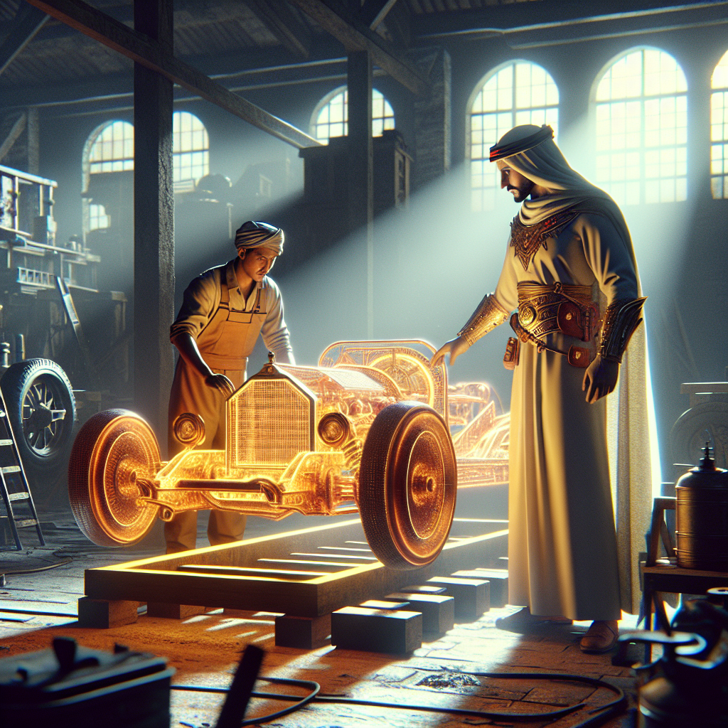 Hero and mechanic inspecting a glowing vehicle frame built on a forged chassis