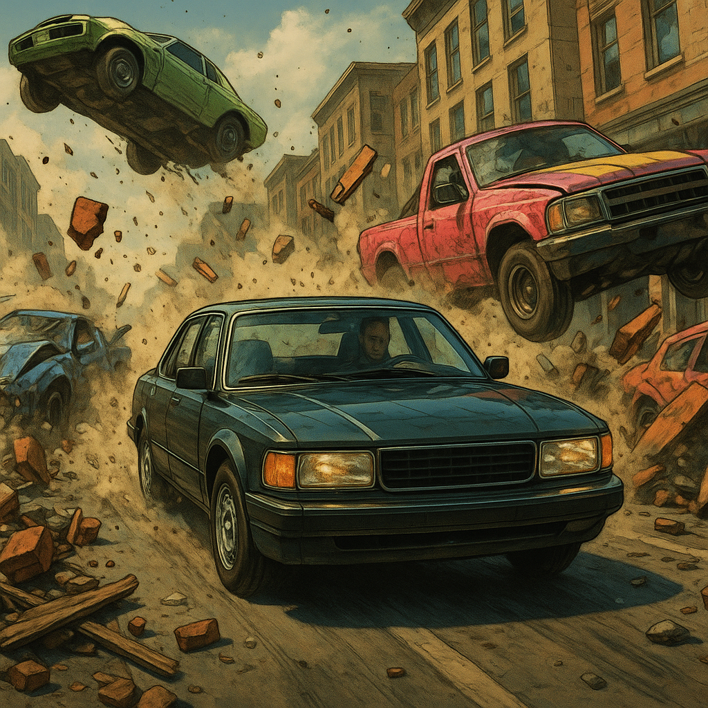 Action scene of a tough hero car with a forged chassis surviving a chaotic street chase