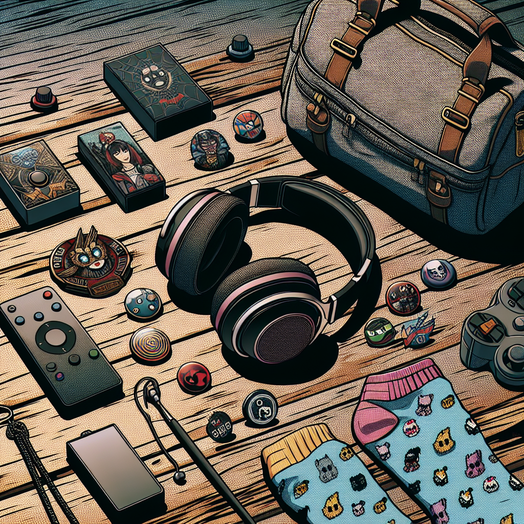 Flat lay of stylish geeky accessories arranged on a table in vibrant comic book style