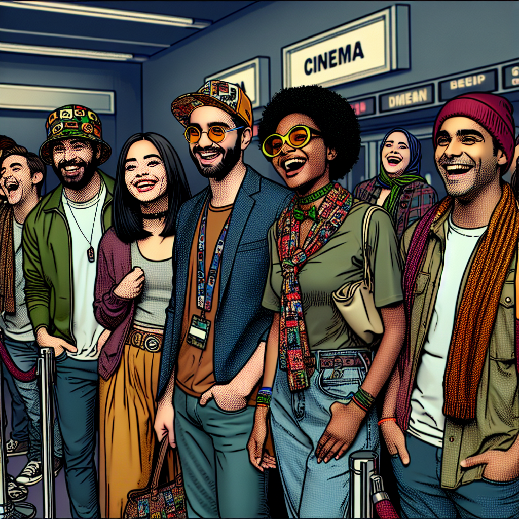 Group of friends at the cinema wearing matching geeky accessories in comic book style art
