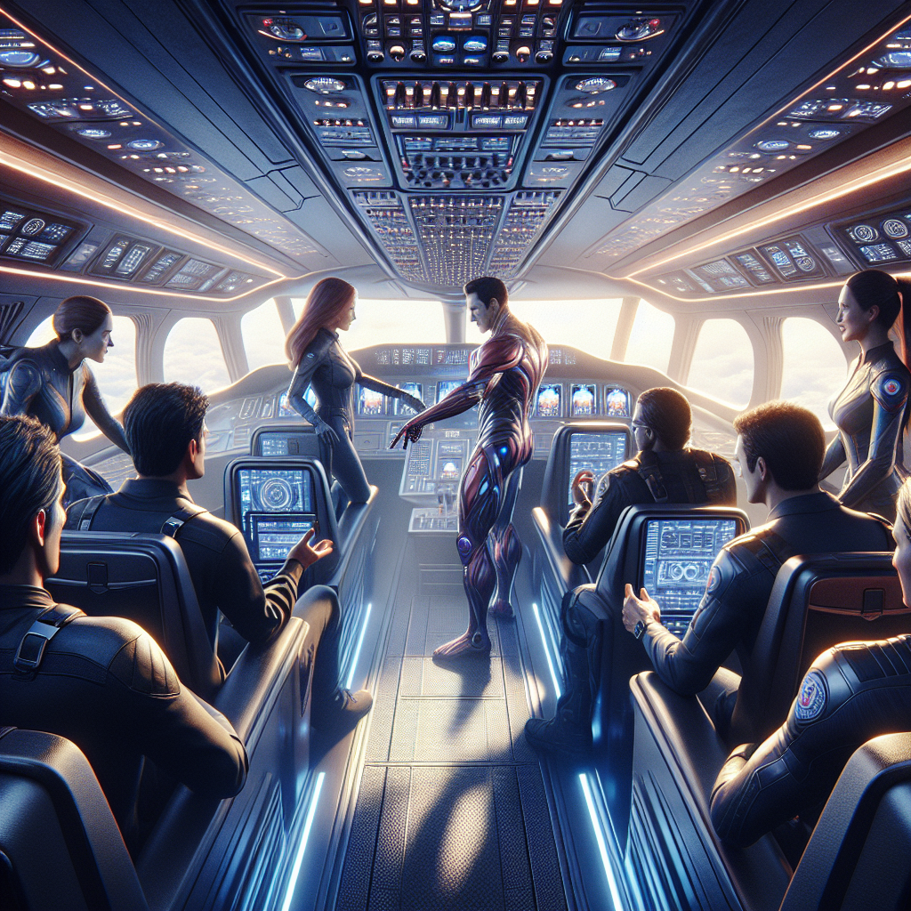 Comic style heroes fighting over the aux cable with a powerful superhero car audio system in a high tech jet