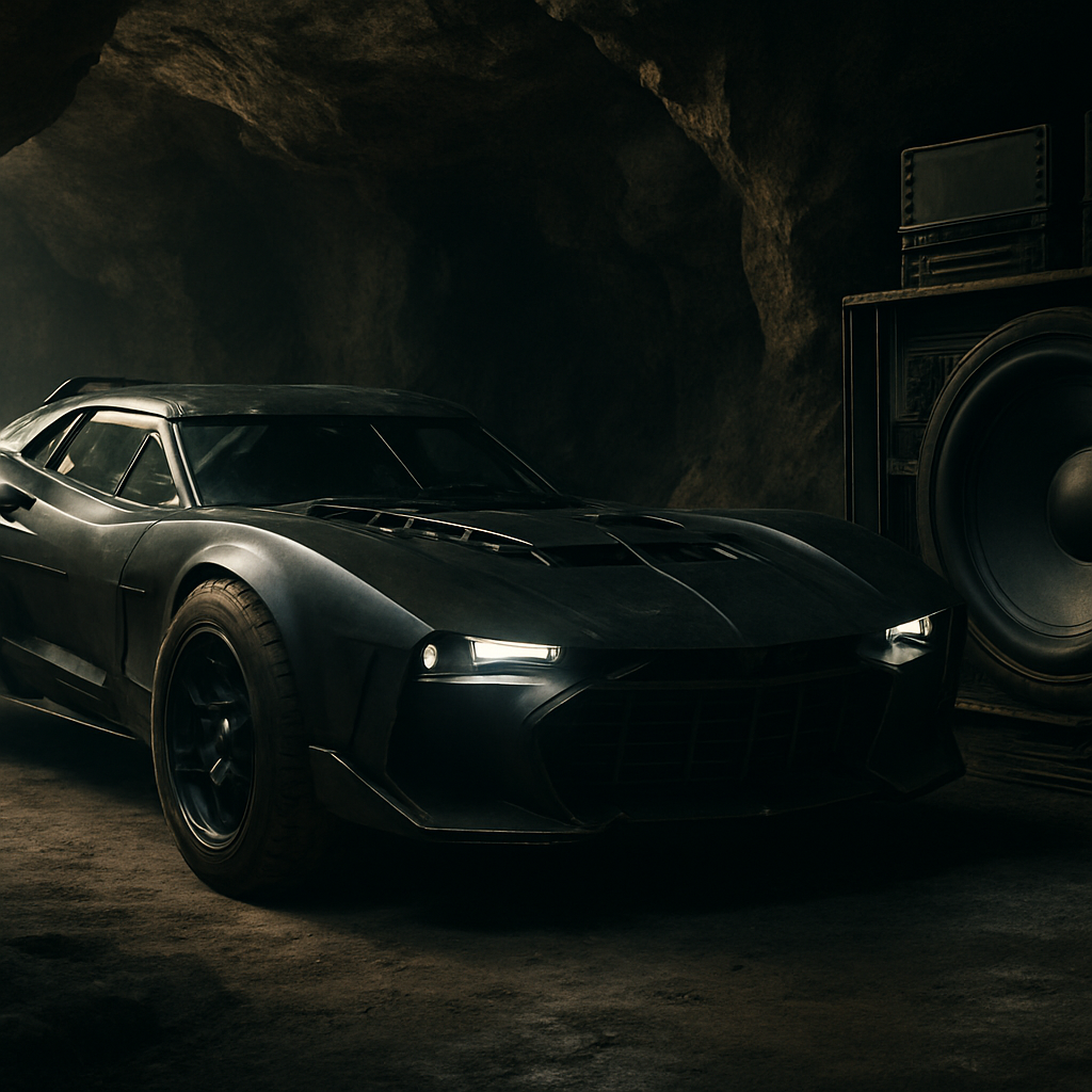 Batmobile inspired car in a cave garage with an over the top superhero car audio setup