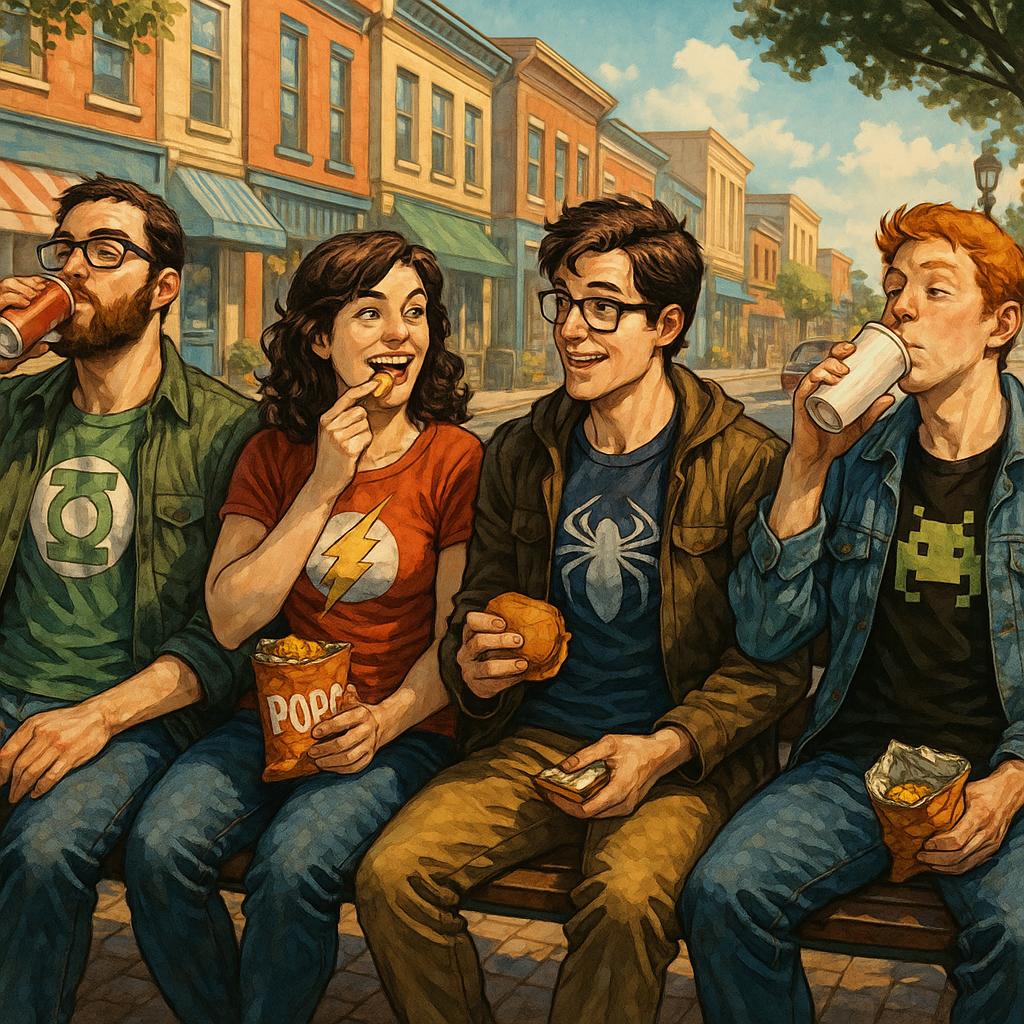 Group of friends using a town centre survival guide as they rest with snacks on a bench