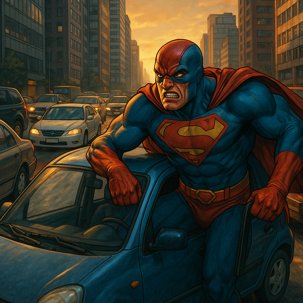 Superhero stuck in traffic in a small car - superheroes useless in real life illustrated in comic art style