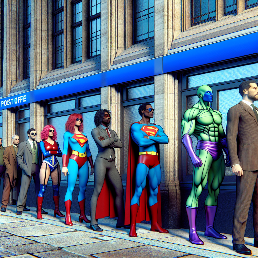 Group of superheroes queuing at a post office - funny comic art take on superheroes useless in real life