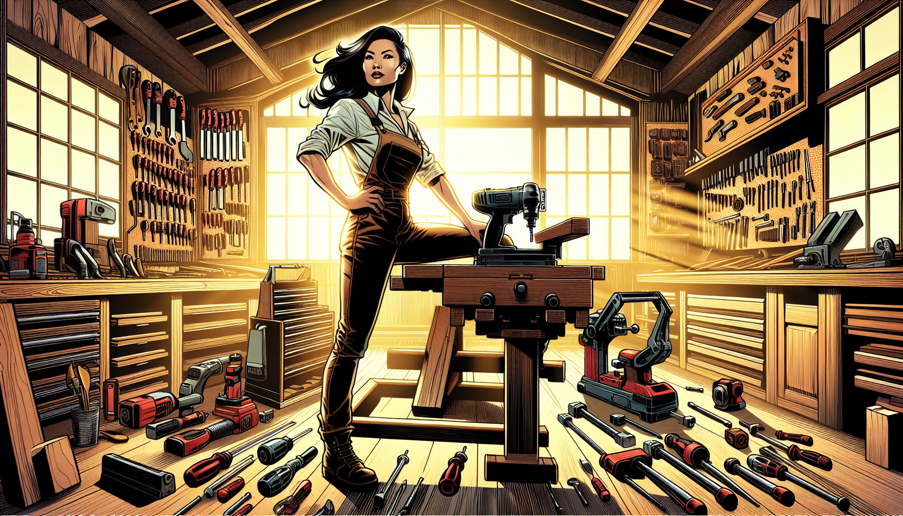 Comic book art of a woodworker surrounded by workshop tools with distinct personalities in a bright heroic scene