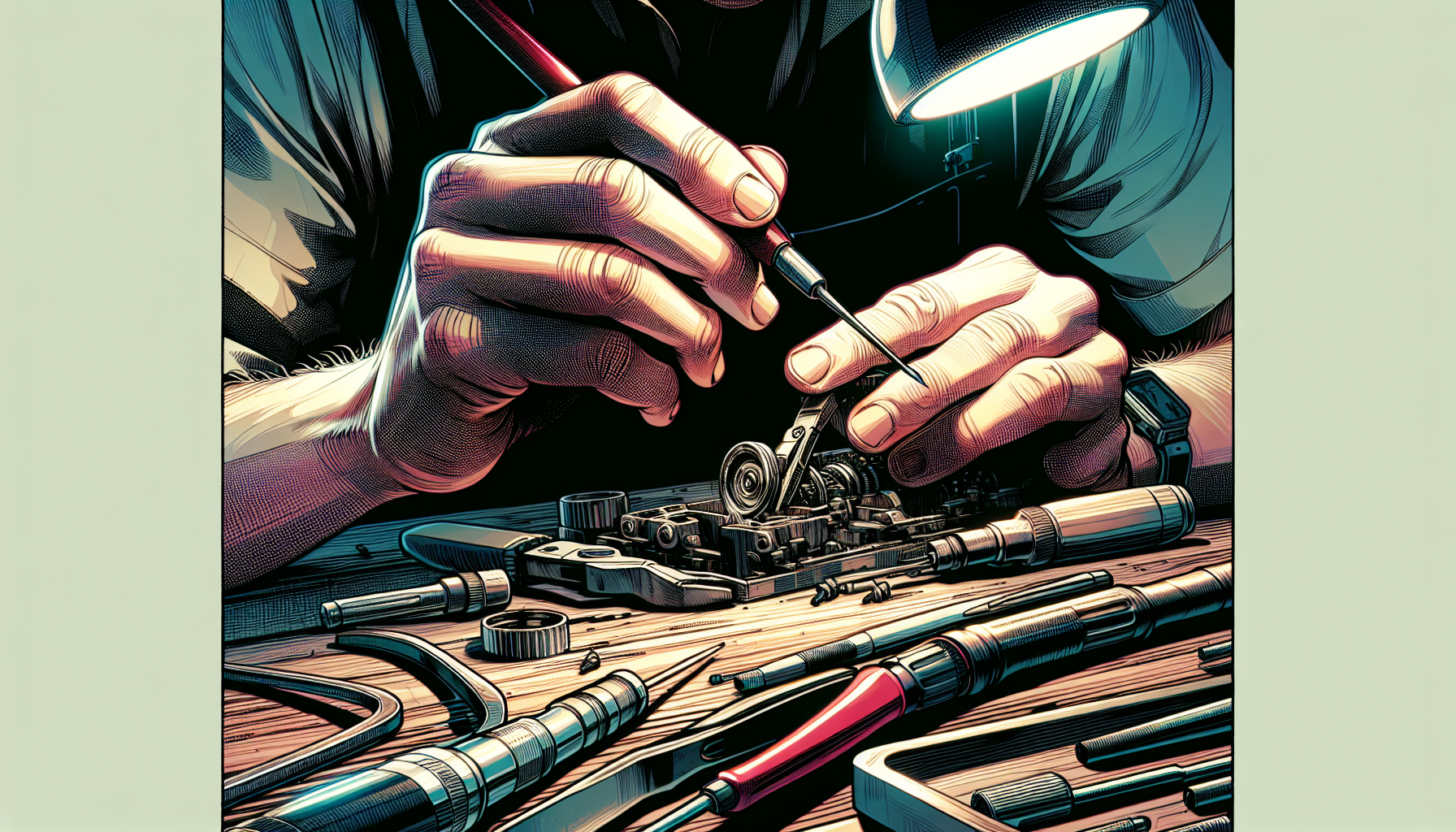 Comic book art close-up of skilled craftsman hands showing the precision skills of real-life superheroes