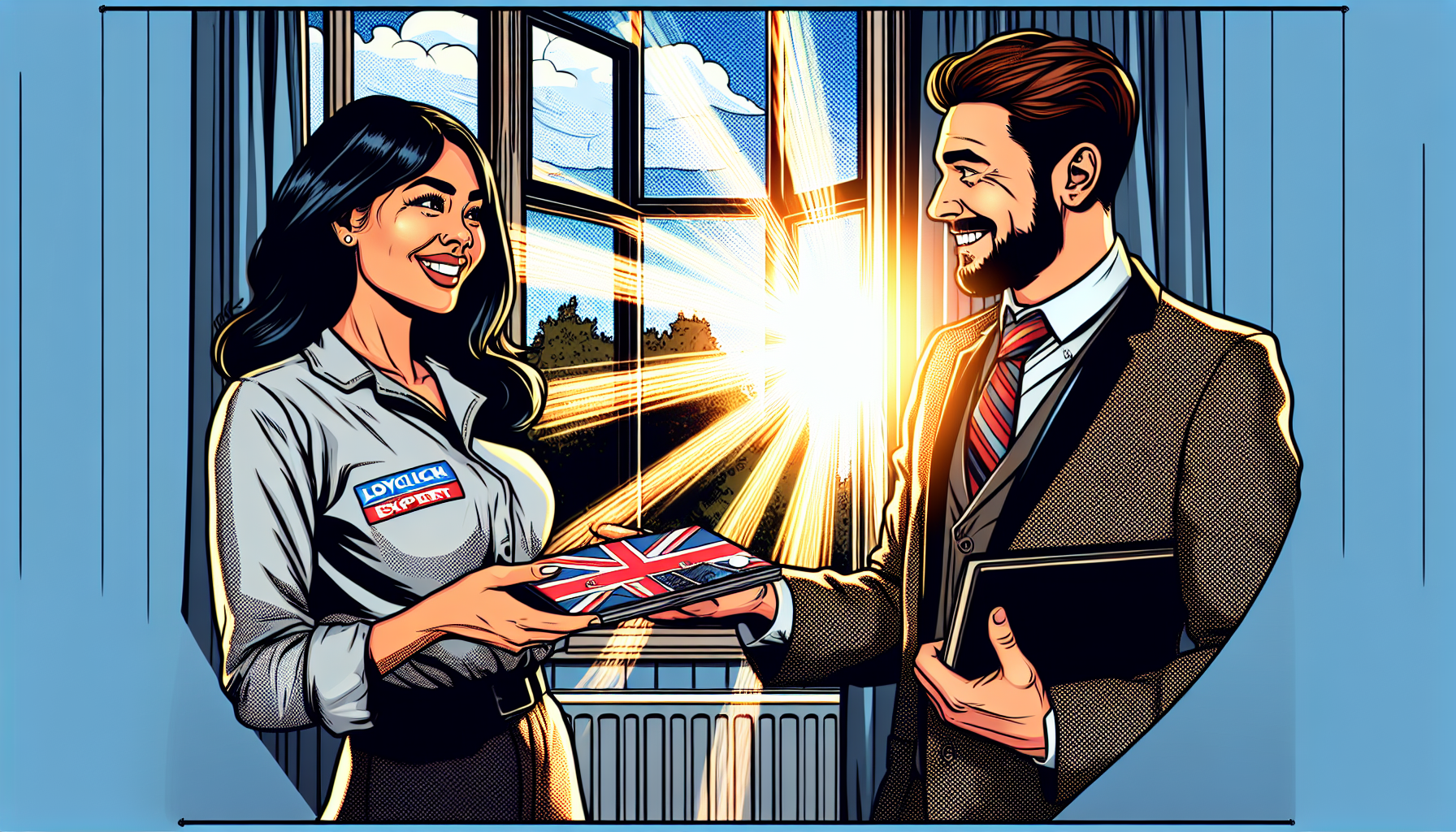 Comic book style illustration of real-life superheroes at work showing a happy customer a completed local service job