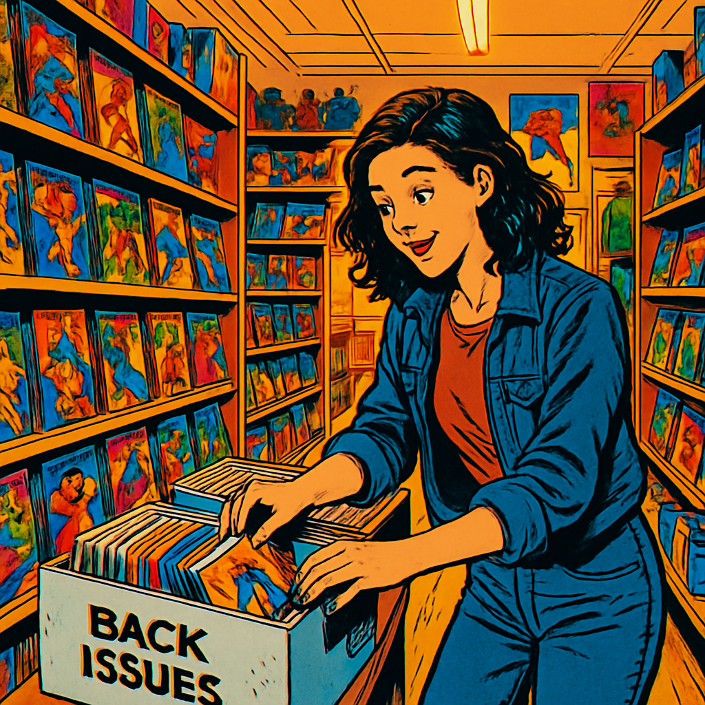 A beginner browsing back issues in a UK comic shop while collecting comics in the UK