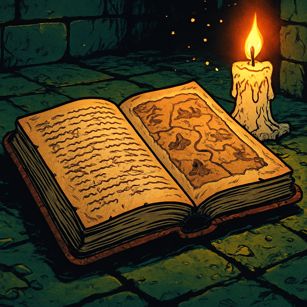 Close-up comic art of an open journal in a dungeon representing deep lore in open world games