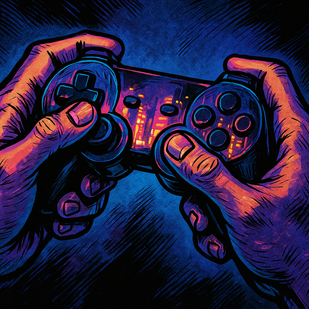 Close-up comic art of hands holding controller in cinematic video games style