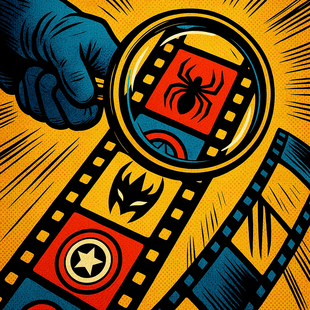 Close-up comic art of magnifying glass revealing best superhero movie Easter eggs on film reel