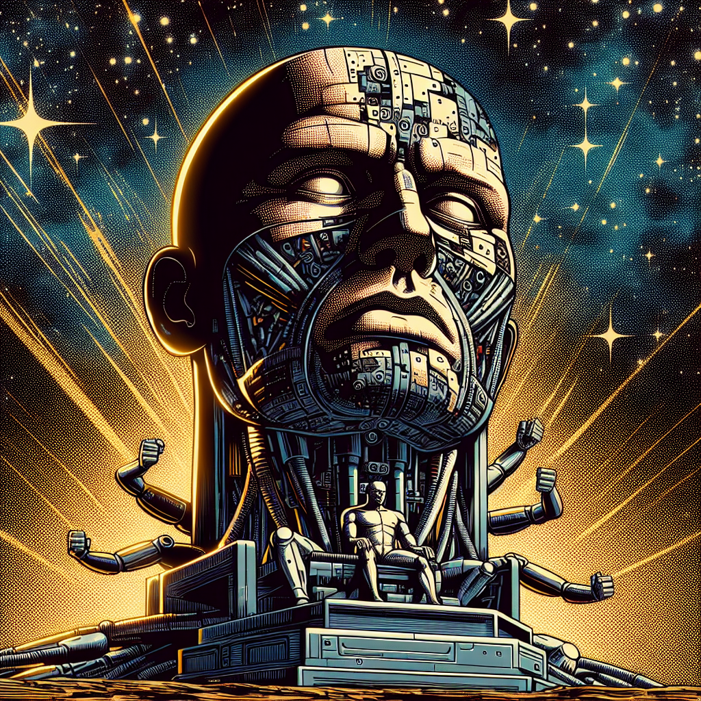 Close-up comic book art of MODOK style funniest comic book villain in a mechanical hover chair