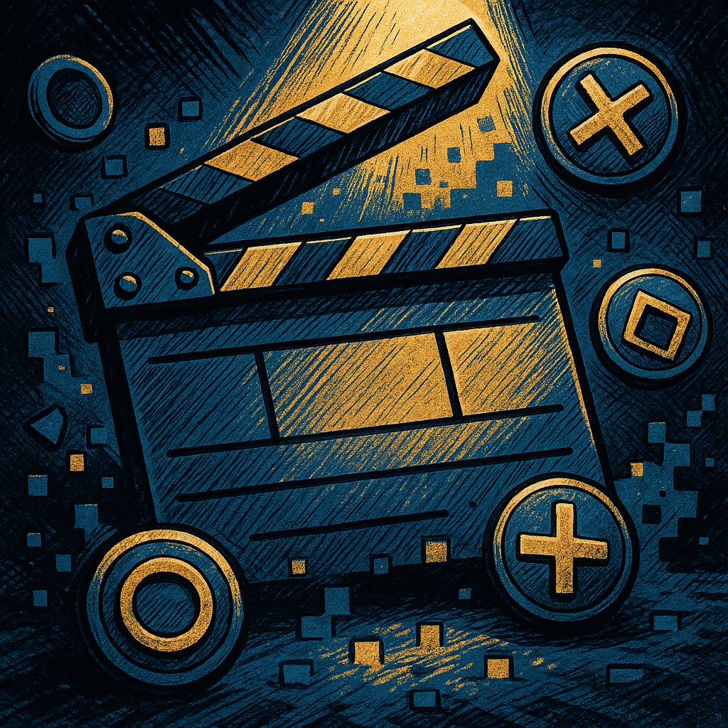 Comic art close-up of a film clapperboard with video game movie 2026 production details in bold graphic style