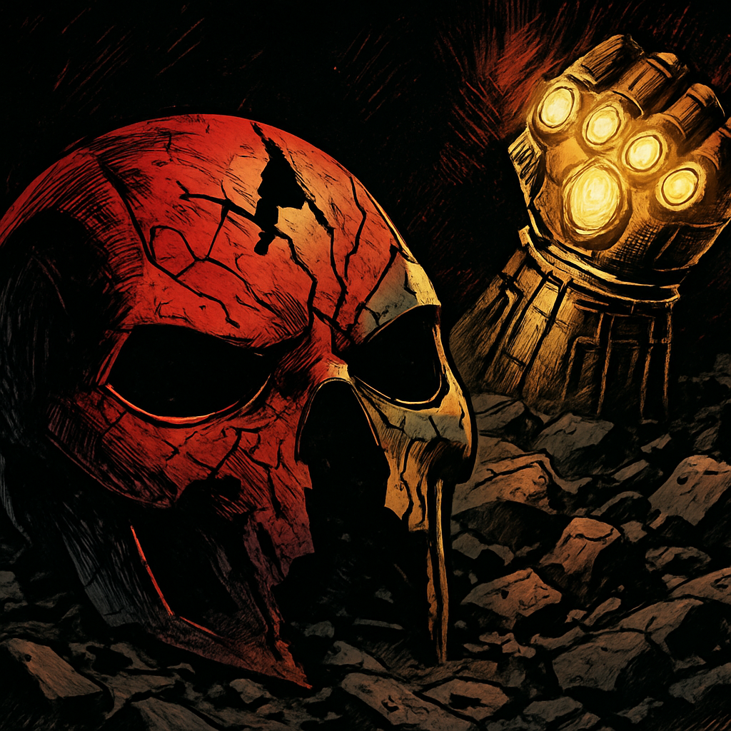 Comic art detail of shattered hero mask and cosmic gauntlet referencing iconic comic book storylines video game adaptations