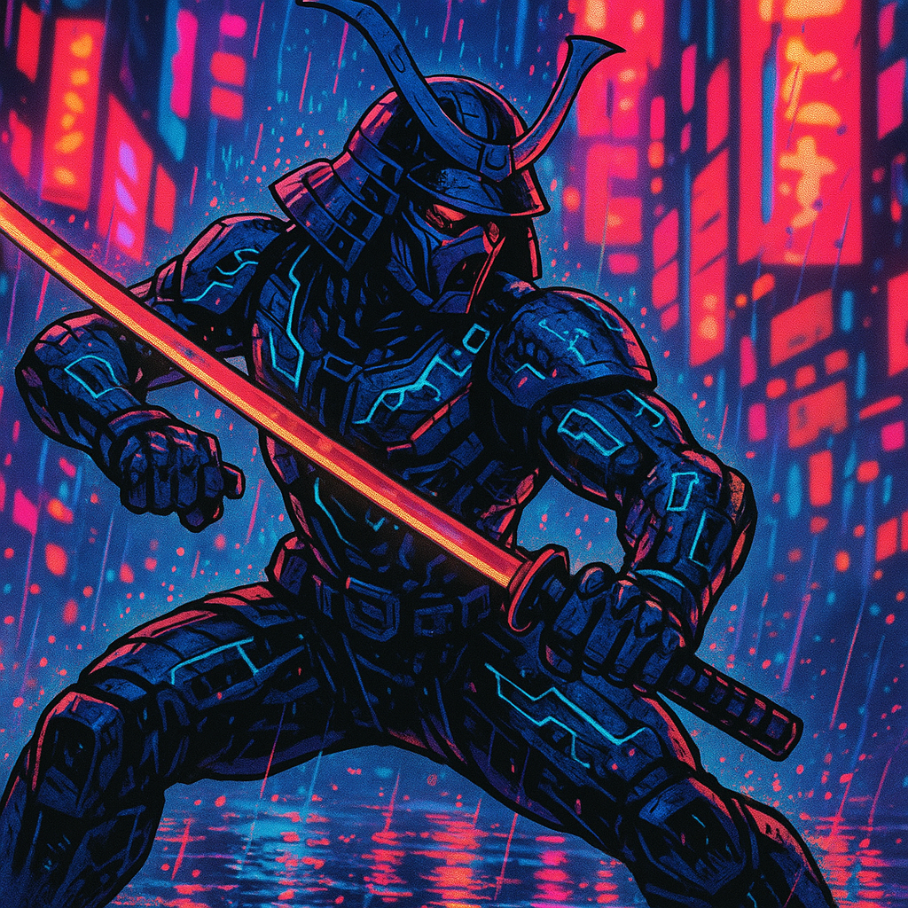 Comic book art close-up of a cyberpunk samurai in neon Tokyo, capturing the action aesthetic of the best video games of 2026