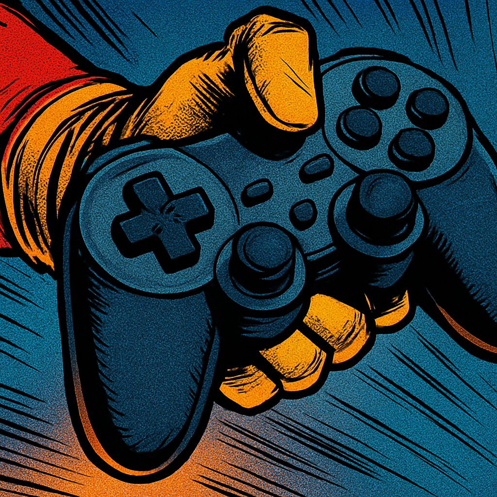 Comic book art close-up of superhero gripping a gaming controller in the DC vs Marvel games debate