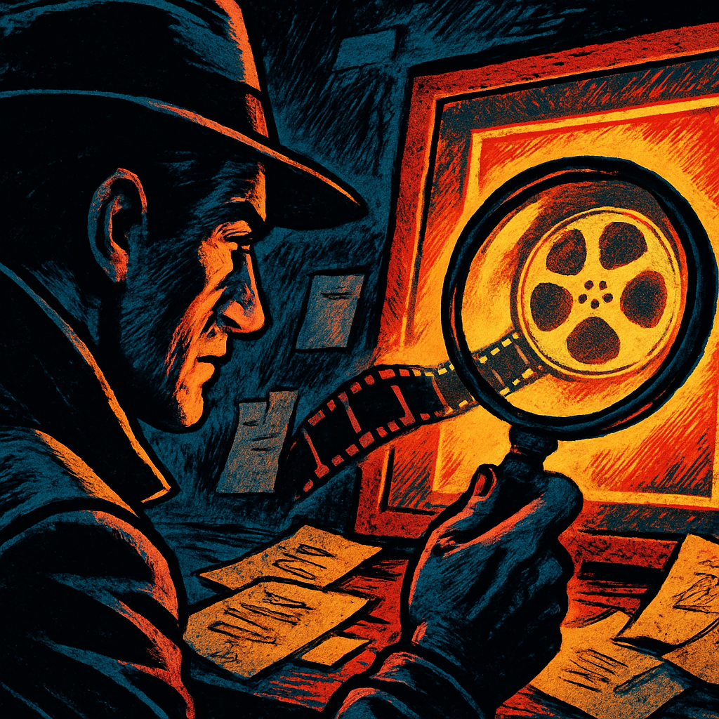 Comic book art of a film fan closely analysing movie details, illustrating fan theories upcoming movies 2026