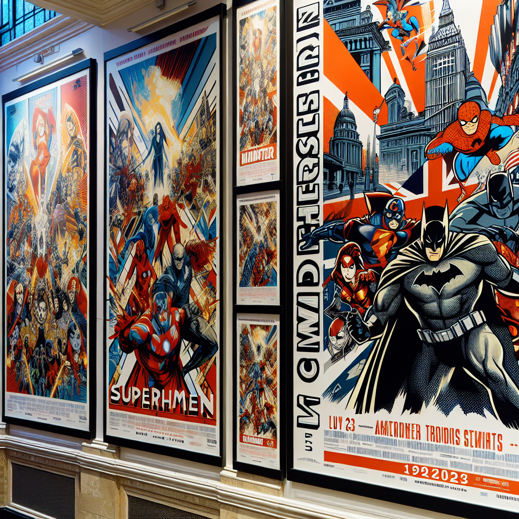 Comic book art style close-up of superhero film posters representing comic book movies 2026