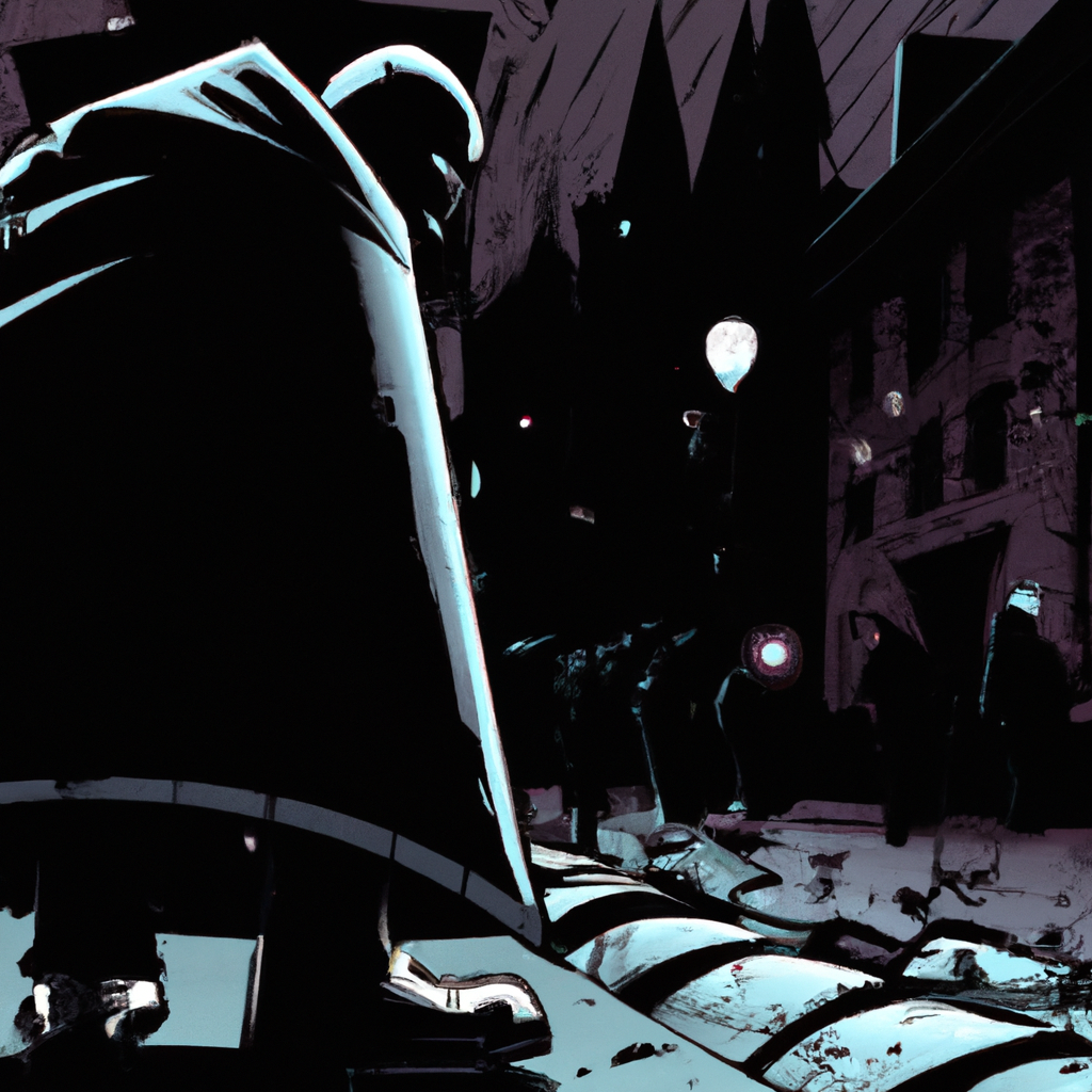 Comic book storyline Knightfall inspired illustration of an exhausted Batman figure in a shattered Gotham street